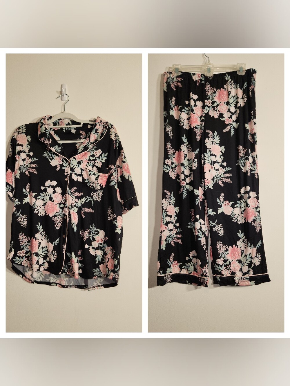 Large Women's Black Floral Short-Sleeve Pajama Set - Pink Floral